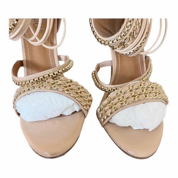 ALVEA Tan Leather Strappy Sandal Chain Stiletto Heels Ankle Strap Zip Closure 8 - Picture 8 of 9